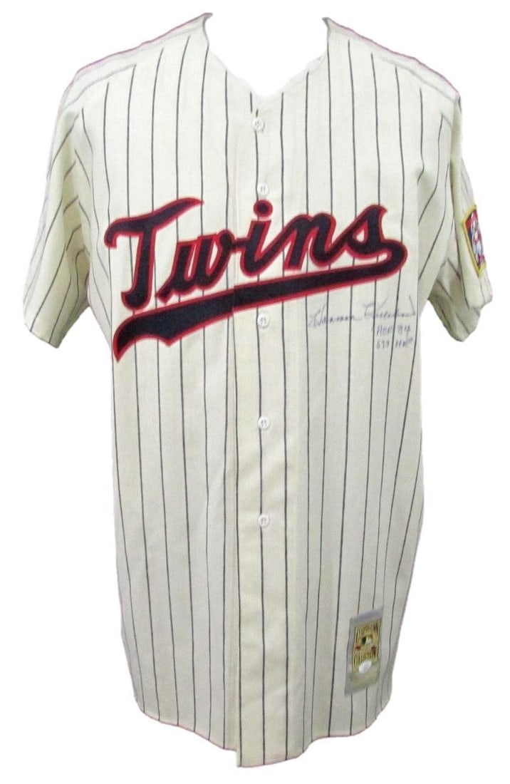 Harmon Killebrew signed Twins Mitchell Ness Cooperstown jersey PSA DNA XL: Harmon Killebrew signed Twins Mitchell Ness Cooperstown jersey PSA DNA XL This is a pre-owned Mitchell & Ness Cooperstown Collection baseball jersey, representing the 1965 Minnesota Twins. The jersey 