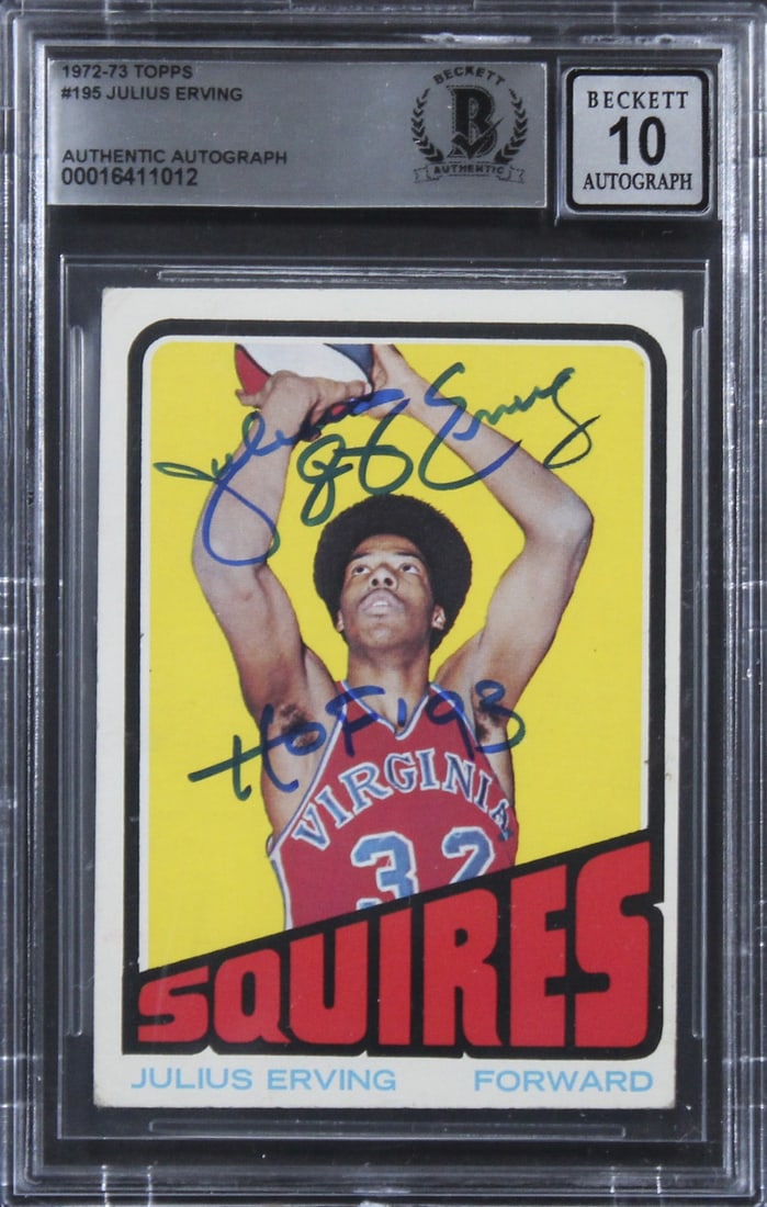 Beckett Slabbed Julius Erving 1972 Topps #195 Rookie Card HOF 93 Auto 10: Beckett Slabbed Julius Erving 1972 Topps #195 Rookie Card HOF 93 Auto 10 This is an original 1972 Topps #195 rookie card featuring Julius Erving of the Philadelphia 76ers. The card has been personally