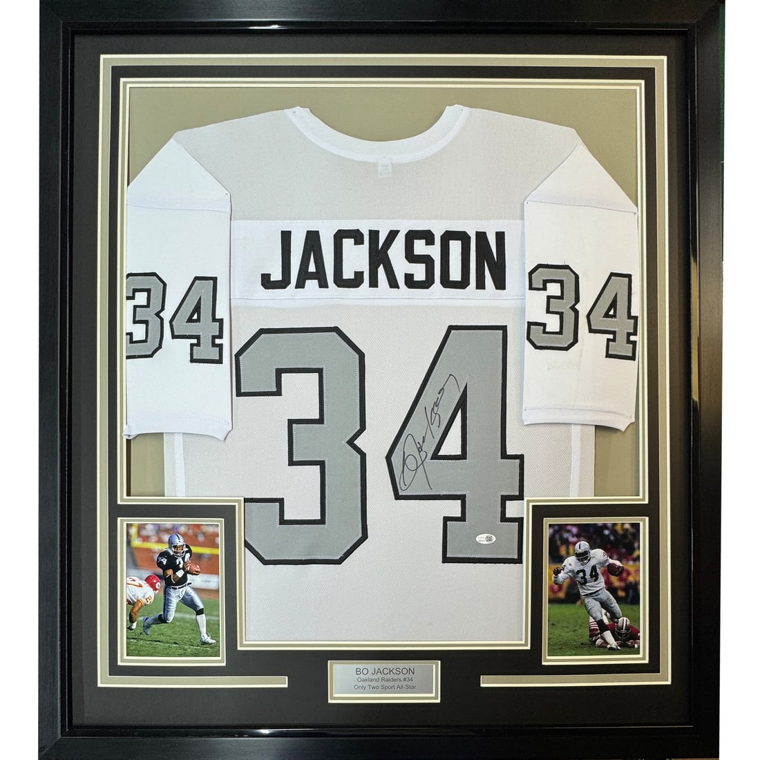 Framed Bo Jackson Autographed NFL Jersey Oakland Raiders JSA COA: Framed Bo Jackson Autographed NFL Jersey Oakland Raiders JSA COA Celebrate the legacy of Bo Jackson with this professionally framed and matted autographed Oakland Raiders white football jersey. Measur