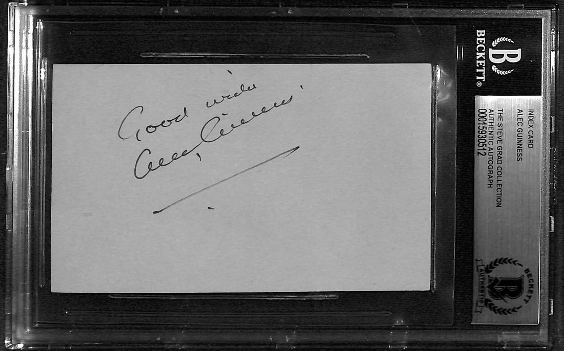 Alec Guinness Signed Index Card Inscribed Good Wishes Beckett Authenticated: Alec Guinness Signed Index Card Inscribed Good Wishes Beckett Authenticated This is a vintage signed and inscribed index card featuring the autograph of Alec Guinness, best known for his iconic role a