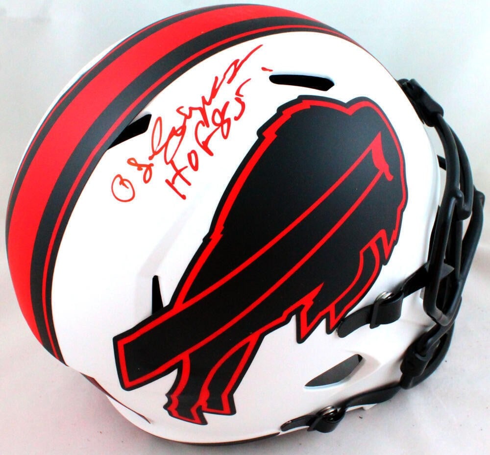 OJ Simpson signed Buffalo Bills full size Lunar Speed helmet JSA HOF: OJ Simpson signed Buffalo Bills full size Lunar Speed helmet JSA HOF This is a full-size Buffalo Bills Lunar Speed helmet autographed by OJ Simpson, featuring his Hall of Fame inscription. The signatu