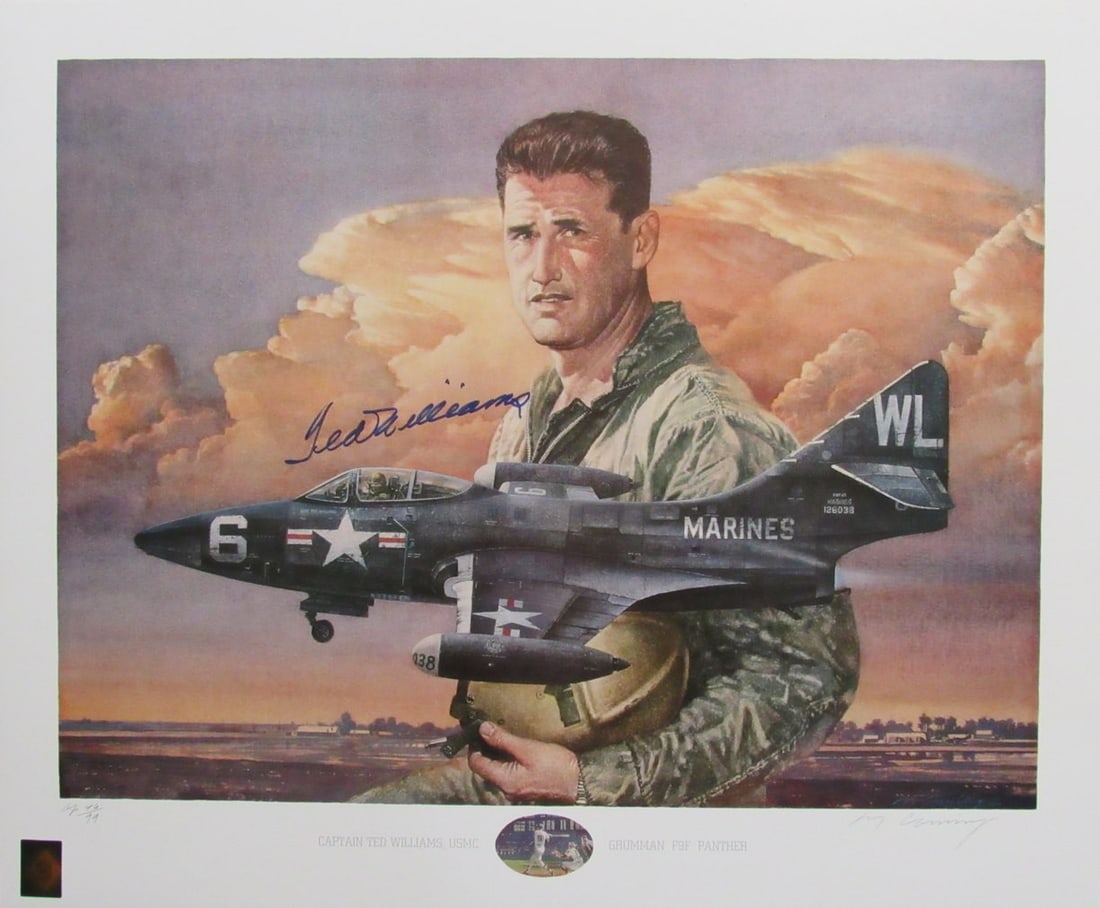 Williams and F9F Panther Signed Print by Ted Williams and Merv Corning Green Diamond (1 of 5)