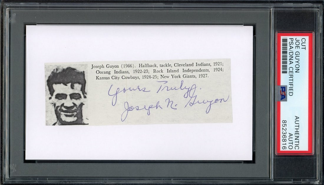 Joe Guyon HOF Signed Inscribed Cut Photo 3x5 Card Giants PSA/DNA: Joe Guyon HOF Signed Inscribed Cut Photo 3x5 Card Giants PSA/DNA Offered is an original Joe Guyon HOF signed and inscribed "Yours Truly" cut photo on a 3x5 card, representing the Giants. This item has