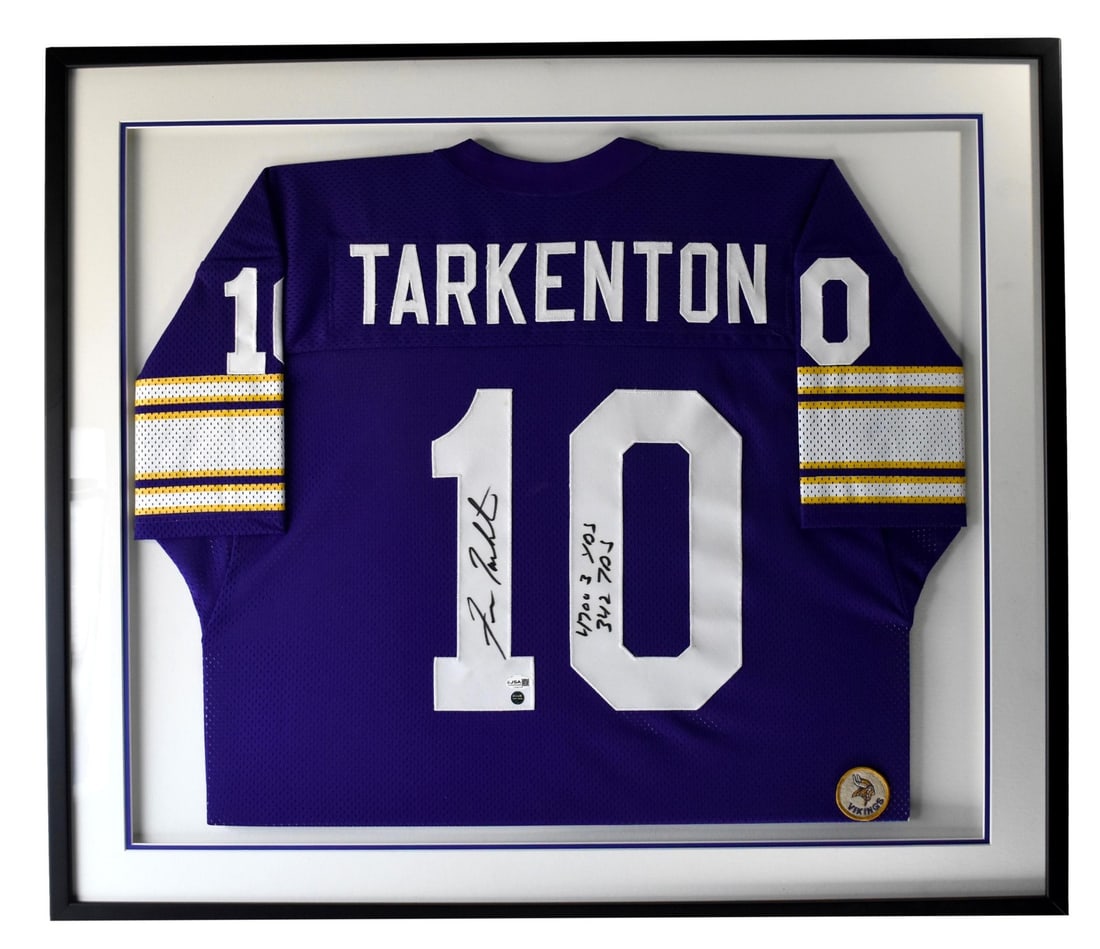 Framed Fran Tarkenton Autographed Vikings Jersey With HOF Inscription JSA Authenticated: Framed Fran Tarkenton Autographed Vikings Jersey With HOF Inscription JSA Authenticated This professionally framed Minnesota Vikings jersey features the bold autograph and Hall of Fame inscription of 
