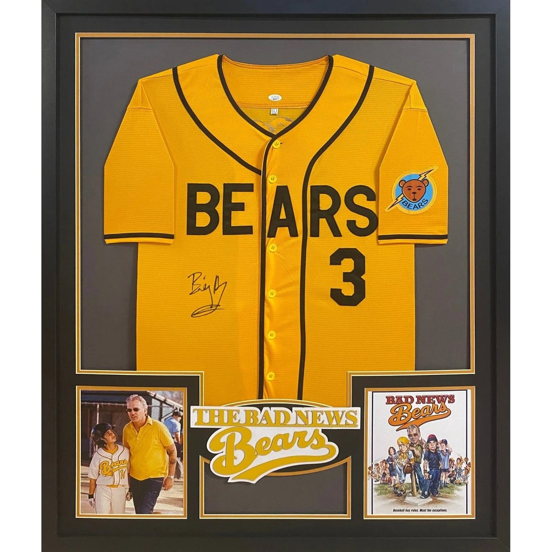 Billy Bob Thornton Autographed Bad News Bears Jersey in 42x34 Framed Display JSA: Billy Bob Thornton Autographed Bad News Bears Jersey in 42x34 Framed Display JSA This framed yellow jersey from Bad News Bears is autographed by Billy Bob Thornton and authenticated by JSA. The jersey