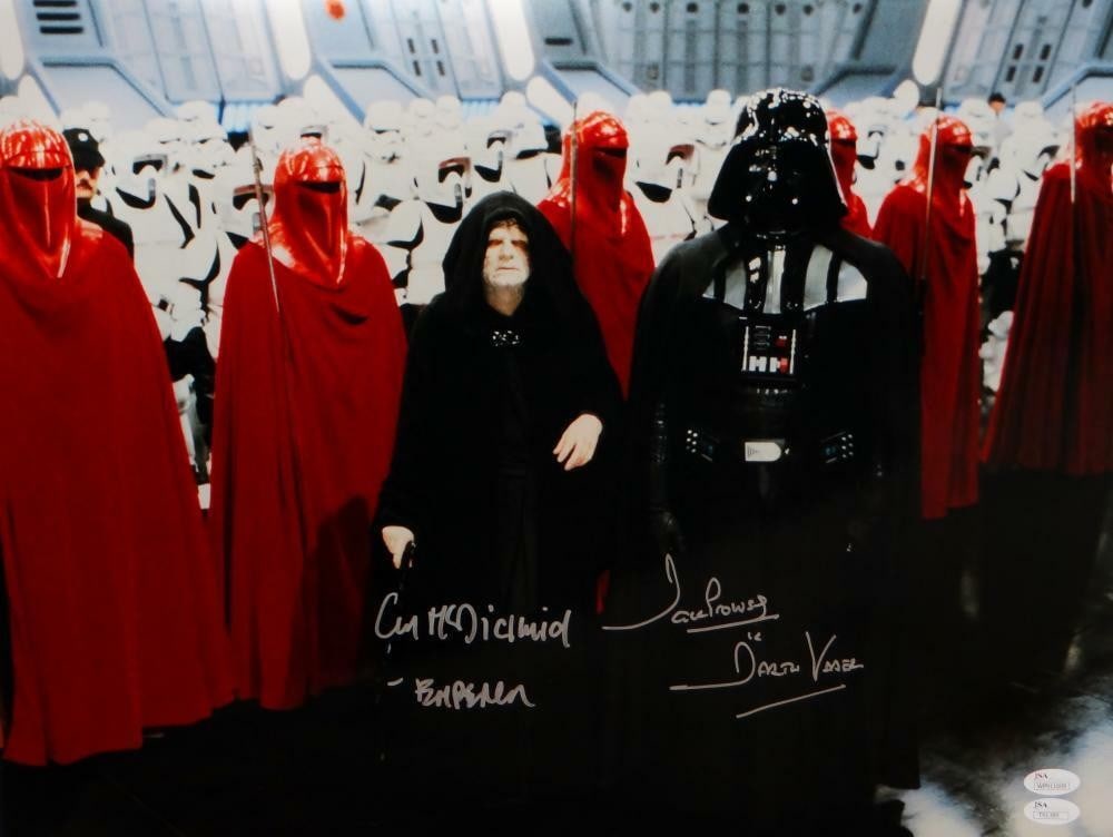 JSA Witnessed Star Wars Darth Vader Emperor Signed 16x20 Photo Prowse McDiarmid: JSA Witnessed Star Wars Darth Vader Emperor Signed 16x20 Photo Prowse McDiarmid This is a pre-owned 16x20 inch photograph from Star Wars featuring Darth Vader and Emperor Palpatine. The photograph is 