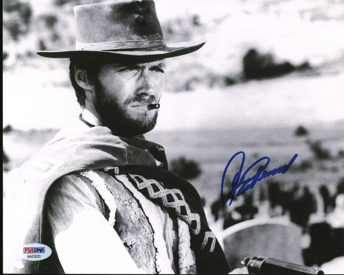 Clint Eastwood Signed 8x10 Photo Gem Mint 10 BAS PSA Authentication: Clint Eastwood Signed 8x10 Photo Gem Mint 10 BAS PSA Authentication Own a piece of cinematic history with this autographed 8x10 photo of Clint Eastwood from 'The Good, the Bad and the Ugly'. This stun