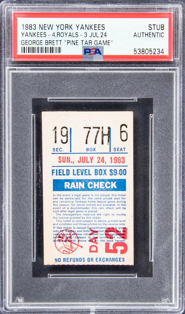 George Brett July 24 1983 Pine Tar Game Ticket Stub PSA Authentic: George Brett July 24 1983 Pine Tar Game Ticket Stub PSA Authentic This original ticket stub commemorates the infamous Pine Tar Game featuring Hall of Famer George Brett on July 24, 1983. The game took