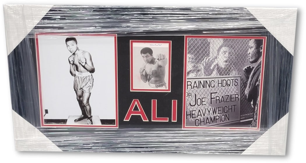 Muhammad Ali Hand Signed Framed Program with 2 Photos JSA Authenticated: Muhammad Ali Hand Signed Framed Program with 2 Photos JSA Authenticated This framed program features a hand-signed page by the legendary boxer Muhammad Ali, accompanied by two additional unsigned 8x10