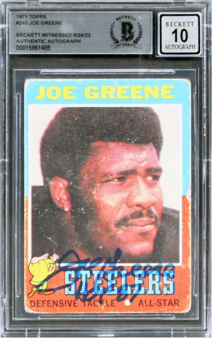 Joe Greene Signed 1971 Topps #245 Rookie Card HOF 87 Beckett Gem Mint 10: Joe Greene Signed 1971 Topps #245 Rookie Card HOF 87 Beckett Gem Mint 10 This is a 1971 Topps #245 Rookie Card of Joe Greene, personally signed with the inscription "HOF 87". This autographed card is 