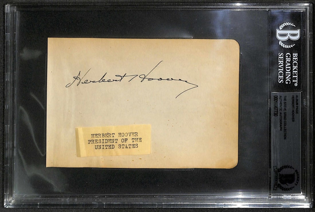 Herbert Hoover Signed Album Page with Beckett Authentication: Herbert Hoover Signed Album Page with Beckett Authentication This vintage autographed album page features the signature of Herbert Hoover, the 31st President of the United States. The autograph is pen