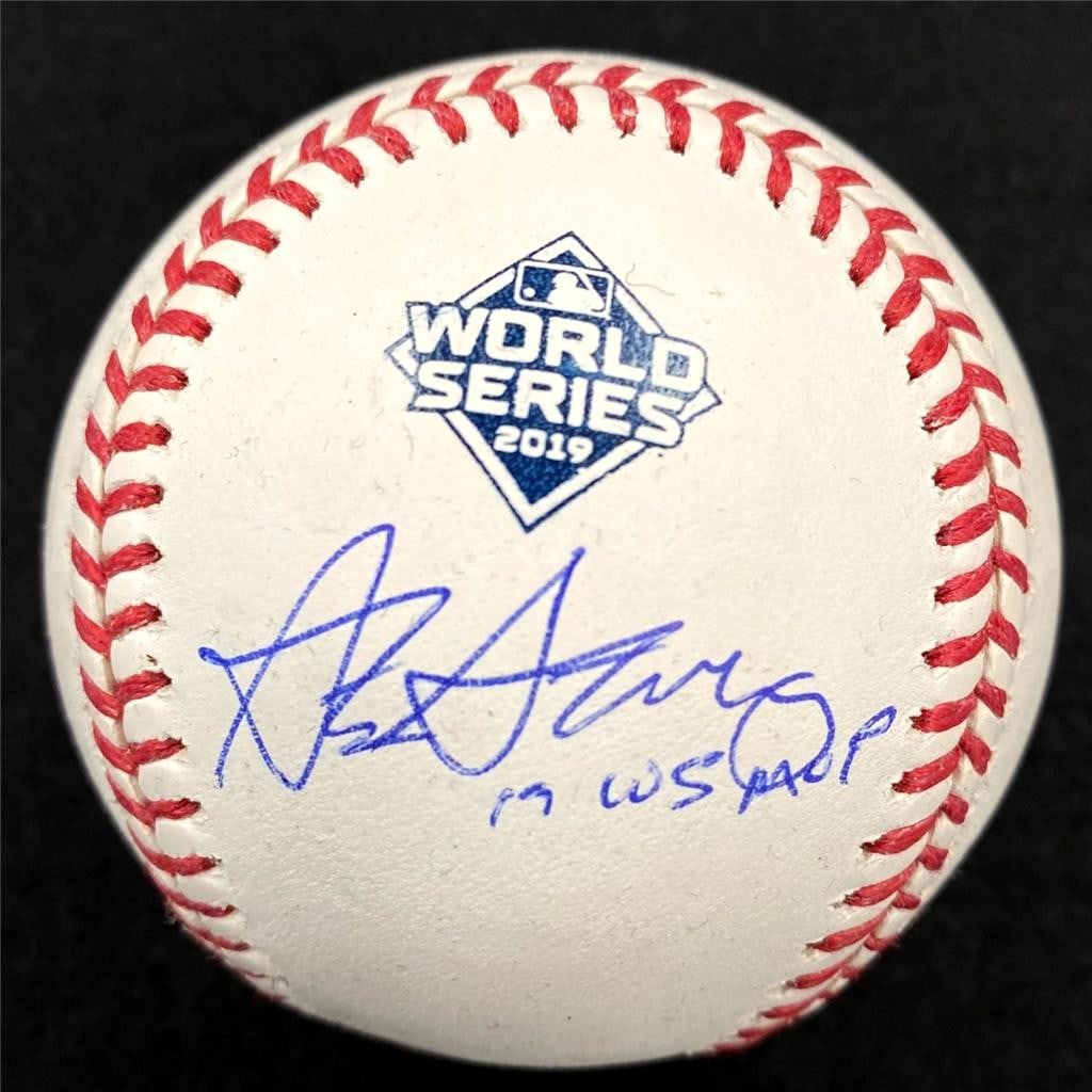 Stephen Strasburg autographed 2019 World Series baseball JSA: Stephen Strasburg autographed 2019 World Series baseball JSA This is an original 2019 World Series baseball autographed by Stephen Strasburg, featuring the inscription "19 WS MVP." The signature has b