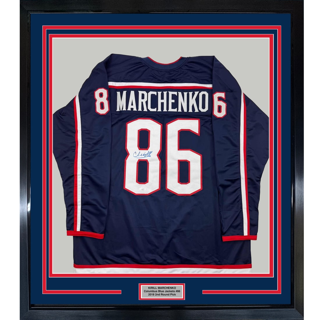 Framed Autographed Kirill Marchenko Jersey 35x39 Columbus Blue Jackets JSA COA: Framed Autographed Kirill Marchenko Jersey 35x39 Columbus Blue Jackets JSA COA Showcase your love for hockey with this framed and autographed Kirill Marchenko jersey from the Columbus Blue Jackets. Me