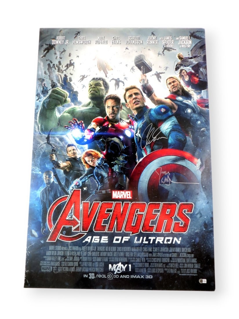 Avengers Age of Ultron Signed 27X40 Poster Evans Spader Whedon Beckett Authenticated: Avengers Age of Ultron Signed 27X40 Poster Evans Spader Whedon Beckett Authenticated This original 27x40 poster from 'Avengers: Age of Ultron' features the autographs of notable cast members and the d