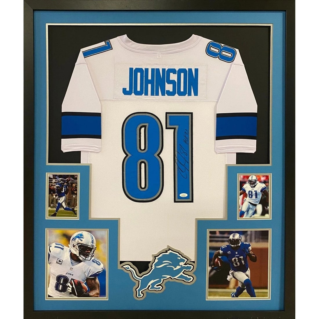 Framed Detroit Lions White Jersey Signed by Calvin Johnson JSA Authenticated: Framed Detroit Lions White Jersey Signed by Calvin Johnson JSA Authenticated This is a framed and autographed white Detroit Lions jersey signed by Calvin Johnson, also known as Megatron. The jersey is