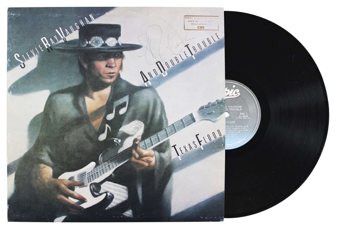 PSA DNA Autographed Texas Flood Album Cover Stevie Ray Vaughan with Vinyl (1 of 6)