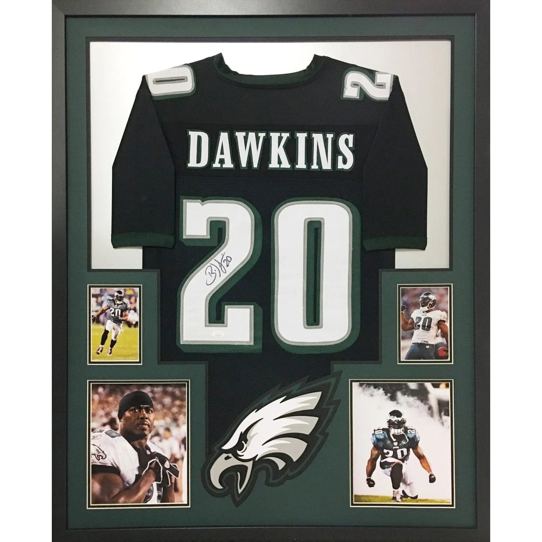 Framed Brian Dawkins Eagles jersey with JSA authentication: Framed Brian Dawkins Eagles jersey with JSA authentication This is a framed Philadelphia Eagles jersey autographed by Brian Dawkins. The jersey is authenticated by JSA and comes with a tamper-proof st