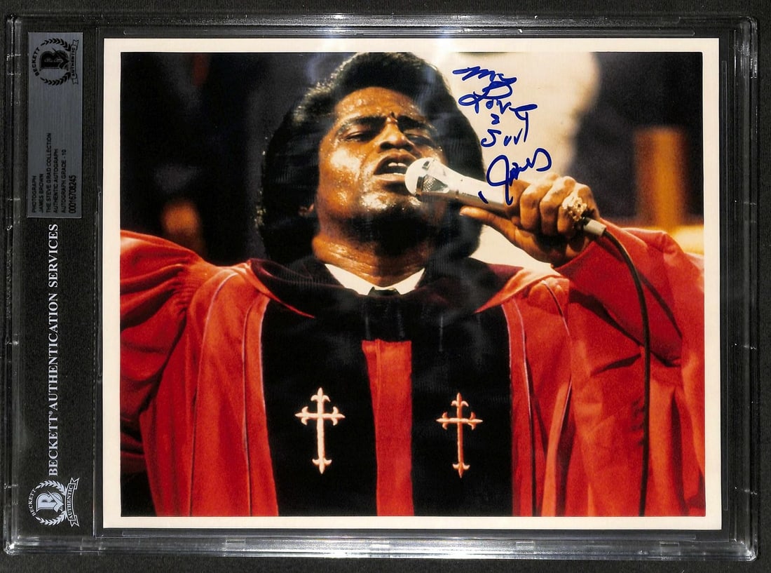 Beckett Certified James Brown Blues Brothers 8x10 Signed Photo: Beckett Certified James Brown Blues Brothers 8x10 Signed Photo This is a signed 8x10 photo of James Brown as Reverend Cleophus James from the movie The Blues Brothers. The autograph is bold and clear,