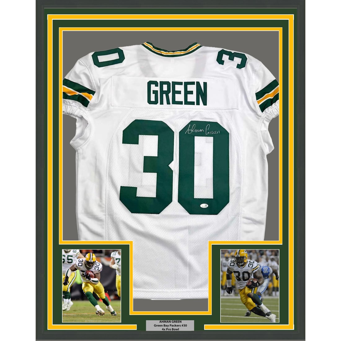 Ahman Green Signed Green Bay Packers Jersey 35x39 Framed Display with Photos: Ahman Green Signed Green Bay Packers Jersey 35x39 Framed Display with Photos This professionally framed Ahman Green Green Bay Packers white jersey features an authentic autograph and is accompanied by