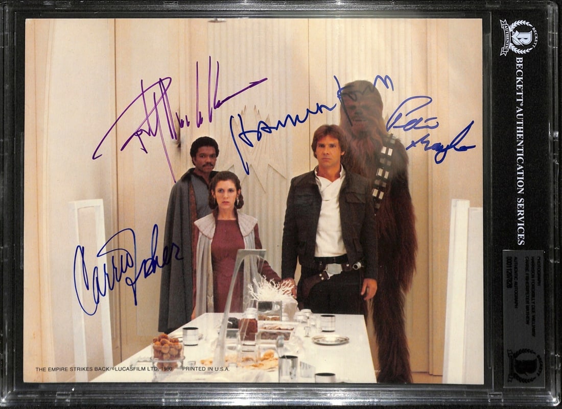 8x10 Empire Strikes Back Photo Signed by Four Main Cast Beckett Authenticated: 8x10 Empire Strikes Back Photo Signed by Four Main Cast Beckett Authenticated This is a vintage 8x10-inch photograph from Star Wars: The Empire Strikes Back, featuring authentic signatures from four m