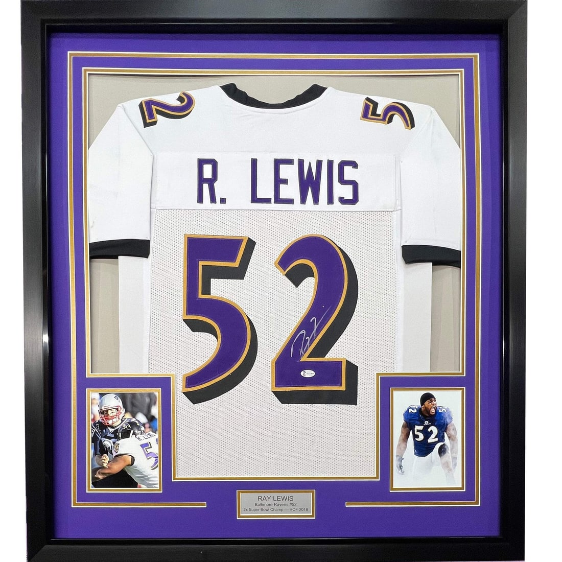 Framed Ray Lewis signed Baltimore Ravens white jersey JSA COA 33x42: Framed Ray Lewis signed Baltimore Ravens white jersey JSA COA 33x42 This professionally framed and matted Baltimore Ravens white jersey features the authentic signature of Ray Lewis. The display inclu