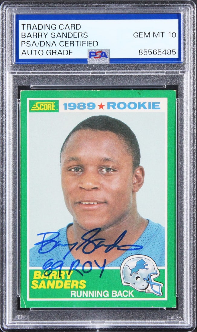 Barry Sanders 1989 Score Rookie Card PSA DNA Autographed 89 ROY: Barry Sanders 1989 Score Rookie Card PSA DNA Autographed 89 ROY This is an original 1989 Score #257 rookie card personally signed by Barry Sanders of the Detroit Lions, featuring the inscription "89 R