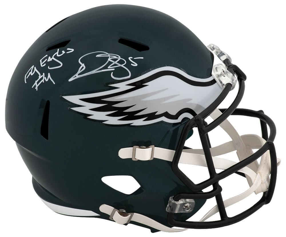 Donovan McNabb Signed Eagles Riddell Helmet Fly Eagles Inscription COA: Donovan McNabb Signed Eagles Riddell Helmet Fly Eagles Inscription COA This is a signed full-size replica helmet by Donovan McNabb, featuring the Philadelphia Eagles. The helmet includes the inscripti