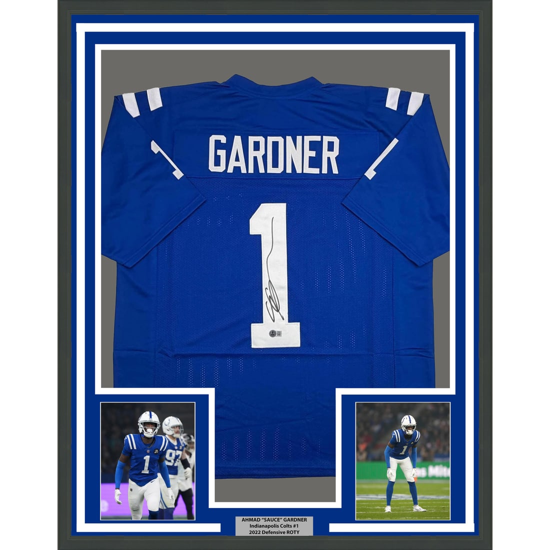 Sauce Gardner Signed and Framed Indianapolis Jersey with Beckett COA 35x39: Sauce Gardner Signed and Framed Indianapolis Jersey with Beckett COA 35x39 This professionally framed and matted display features an original autographed Ahmad Sauce Gardner Indianapolis Colts jersey.