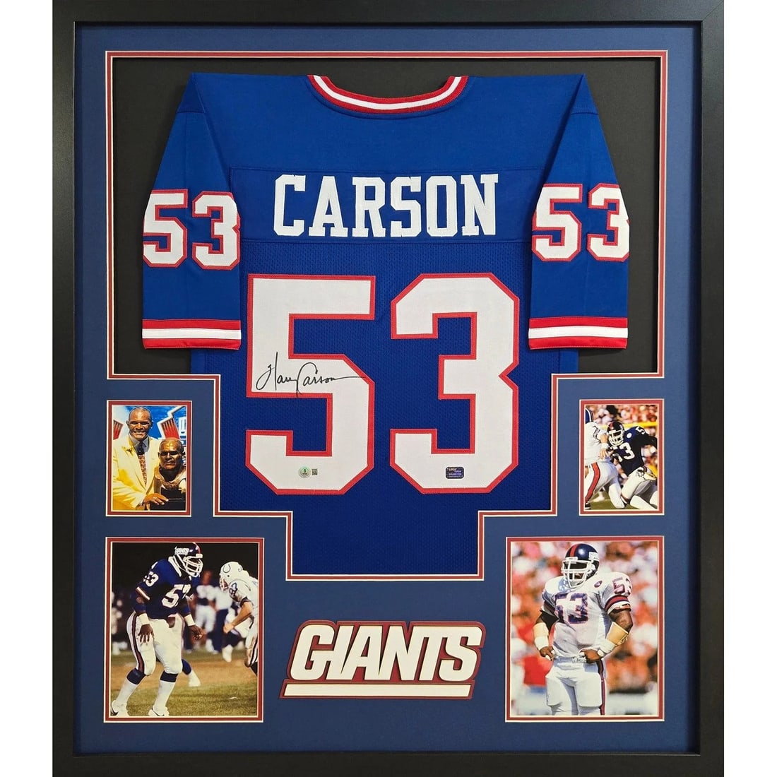 Framed Harry Carson Autographed New York Giants Jersey With Beckett Authentication: Framed Harry Carson Autographed New York Giants Jersey With Beckett Authentication This framed New York Giants jersey is autographed by Harry Carson and comes with Beckett authentication, including a 