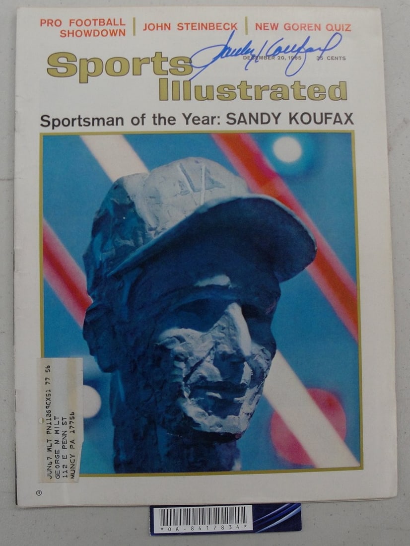 Sandy Koufax Autographed Sports Illustrated Magazine 1965 Online Authentics: Sandy Koufax Autographed Sports Illustrated Magazine 1965 Online Authentics This original Sports Illustrated magazine features the legendary Sandy Koufax, a key player for the Los Angeles Dodgers. The