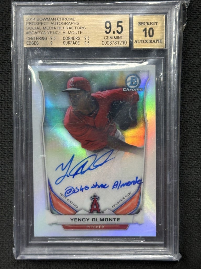 Yency Almonte 2014 Bowman Social Media Refractor Auto BGS 9.5 #BCAPYA 2/10: Yency Almonte 2014 Bowman Social Media Refractor Auto BGS 9.5 #BCAPYA 2/10 This is a Yency Almonte 2014 Bowman Social Media Refractor Auto baseball card, featuring a unique inscription. Manufactured b