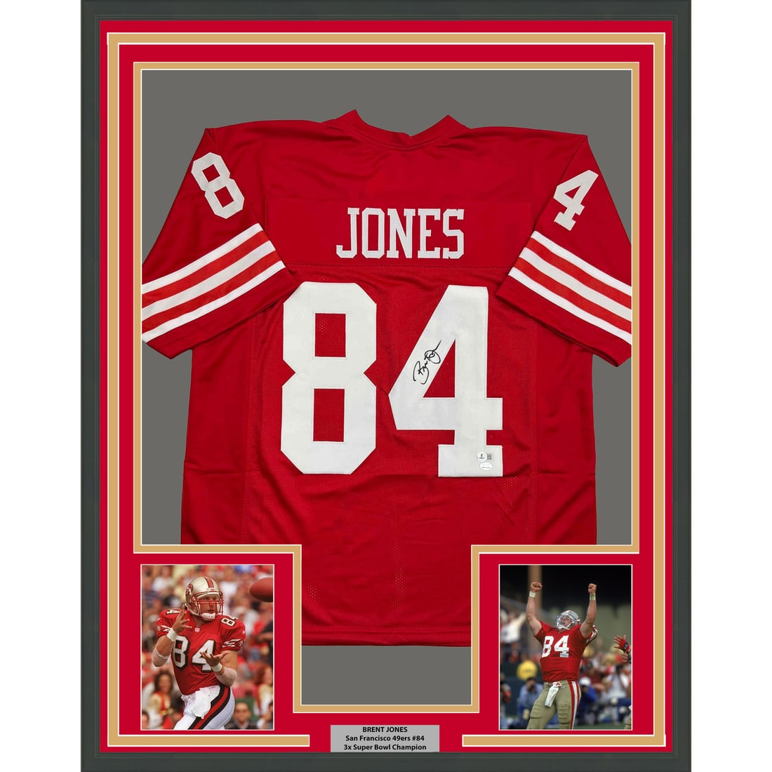 Brent Jones Signed Framed 35x39 San Francisco 49ers Jersey Beckett COA: Brent Jones Signed Framed 35x39 San Francisco 49ers Jersey Beckett COA This professionally framed and matted San Francisco 49ers red football jersey is autographed by Brent Jones. The display includes