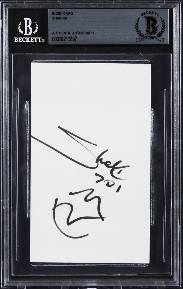 Beckett slabbed Shakira signed 3x5 index card: Beckett slabbed Shakira signed 3x5 index card This 3x5 index card has been personally signed by musician Shakira. The autograph is authenticated and encapsulated by Beckett Authentication Services, en