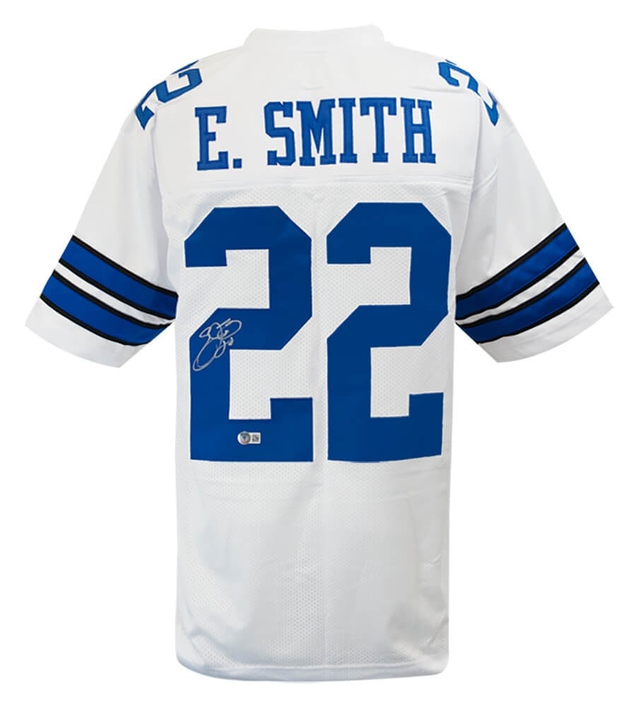 Emmitt Smith Signed Dallas Cowboys White Jersey Beckett COA: Emmitt Smith Signed Dallas Cowboys White Jersey Beckett COA Celebrate the legendary career of Emmitt Smith with this authentic signed white custom football jersey. A must-have for any Dallas Cowboys f