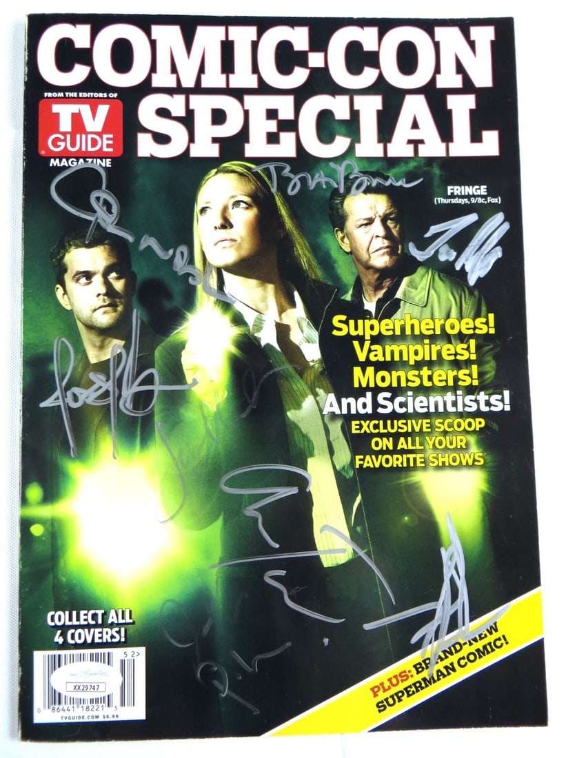 Fringe cast autographed magazine 7 signatures JSA: Fringe cast autographed magazine 7 signatures JSA This is a magazine autographed by seven cast members of the television series Fringe, including John Noble, Anna Torv, Blair Brown, Jeff Pinker, Jasik