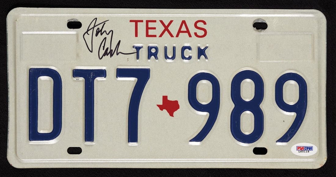 Johnny Cash Autographed Texas License Plate with PSA DNA COA: Johnny Cash Autographed Texas License Plate with PSA DNA COA This original Texas license plate features the authentic signature of legendary musician Johnny Cash, offering a unique collectible for fan