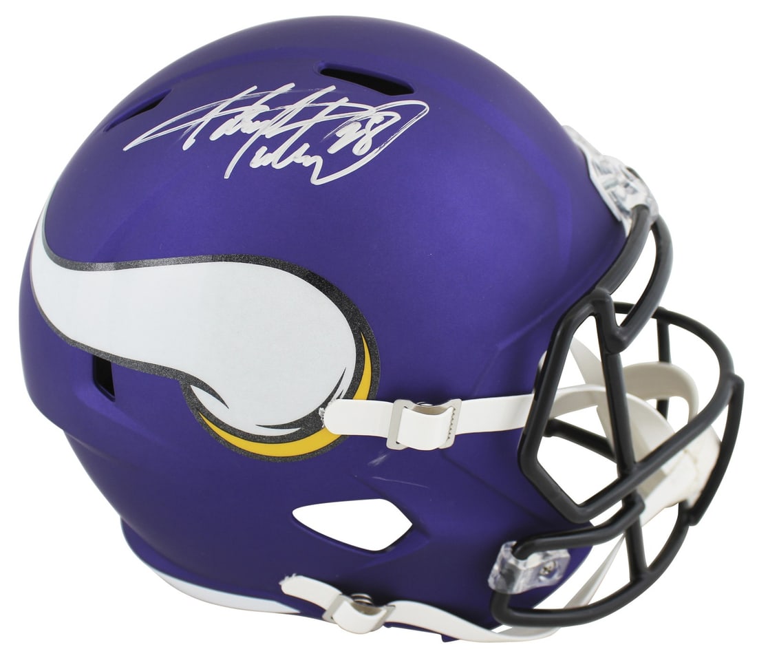 Adrian Peterson Signed Vikings Full Size Speed Helmet BAS Authenticated: Adrian Peterson Signed Vikings Full Size Speed Helmet BAS Authenticated This authentic full-size Speed replica helmet has been personally signed by Adrian Peterson, the renowned running back of the Mi