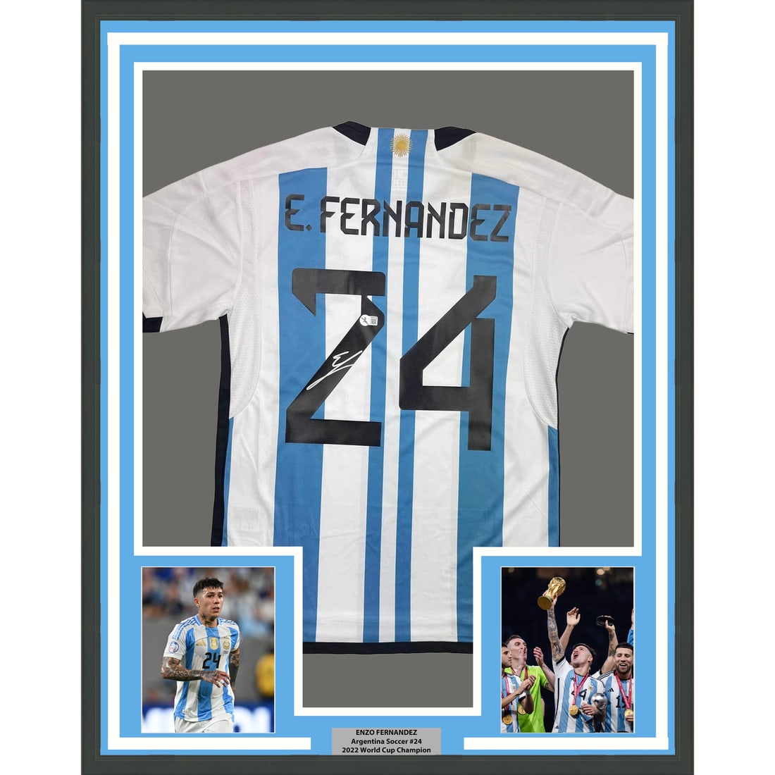 Enzo Fernandez Signed Argentina Jersey Framed 35x39 With Beckett BAS COA: Enzo Fernandez Signed Argentina Jersey Framed 35x39 With Beckett BAS COA This professionally framed and matted display features an Argentina jersey autographed by Enzo Fernandez. The presentation incl