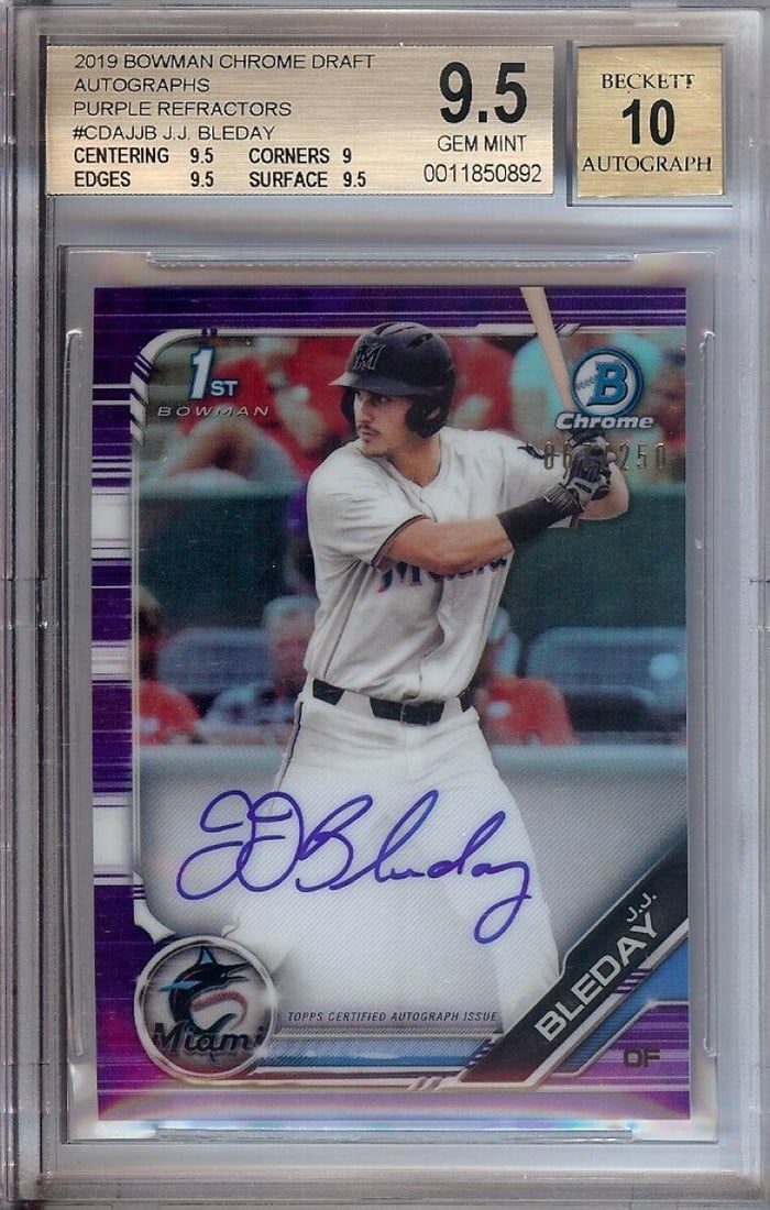 J.J. Bleday 2019 Bowman Chrome Draft RC Auto Purple BGS 9.5 10 /250: J.J. Bleday 2019 Bowman Chrome Draft RC Auto Purple BGS 9.5 10 /250 This 2019 J.J. Bleday Bowman Chrome Draft Baseball Card features a striking purple refractor design, making it a standout addition t