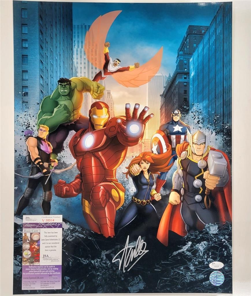 Stan Lee Signed 16x20 Avengers Photo JSA Authenticated: Stan Lee Signed 16x20 Avengers Photo JSA Authenticated This is a remarkable 16x20 photograph featuring the legendary Stan Lee's autograph, celebrating his iconic contributions to Marvel Comics and The