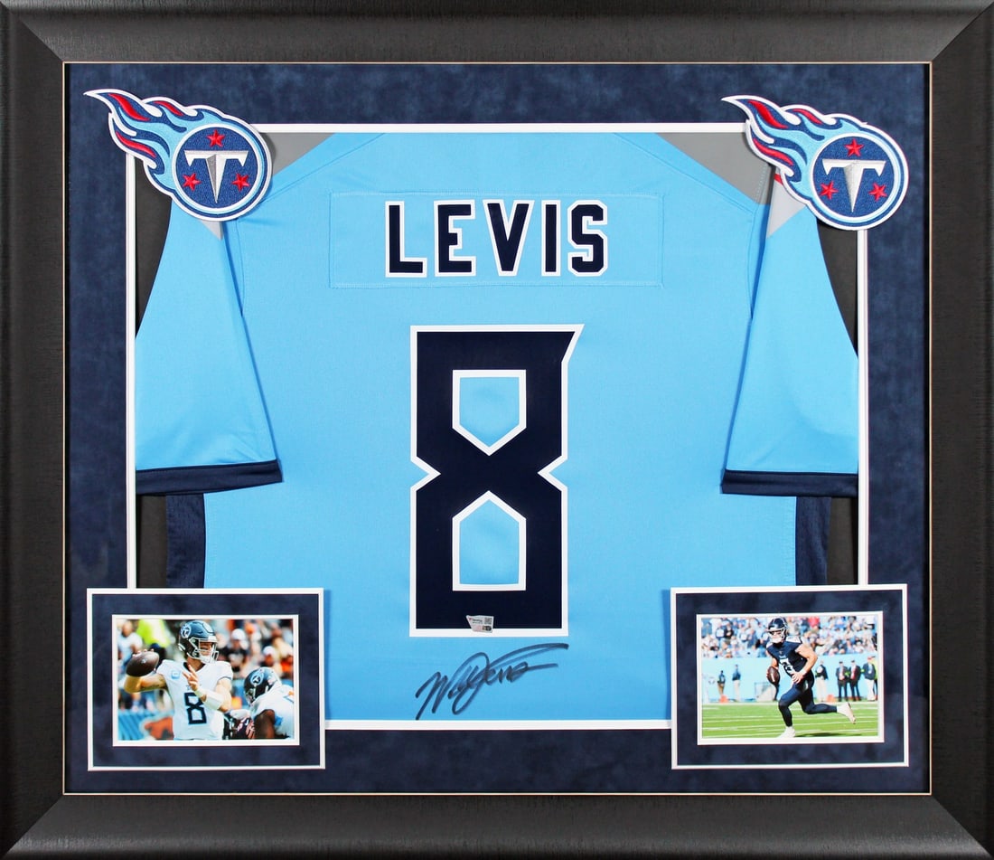 Framed Will Levis signed Titans Nike game jersey Fanatics authenticated: Framed Will Levis signed Titans Nike game jersey Fanatics authenticated This authentic Tennessee Titans light blue Nike Game jersey has been personally signed by Will Levis. The jersey is professional