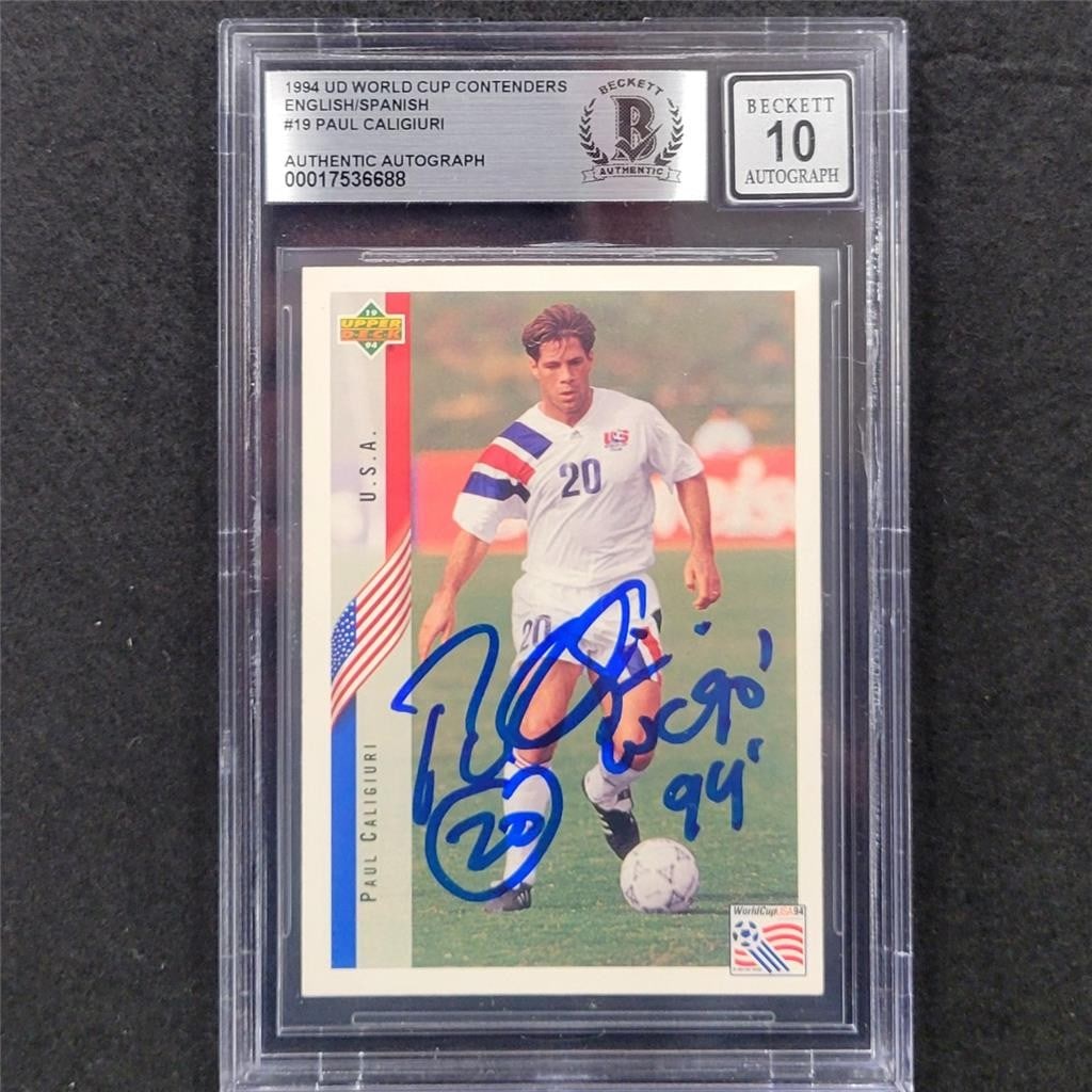 1994 Upper Deck Paul Caligiuri Signed Card Beckett BAS 10 FIFA World Cup USA: 1994 Upper Deck Paul Caligiuri Signed Card Beckett BAS 10 FIFA World Cup USA This is a 1994 Upper Deck World Cup #19 trading card featuring Paul Caligiuri, a notable player from the United States USA 