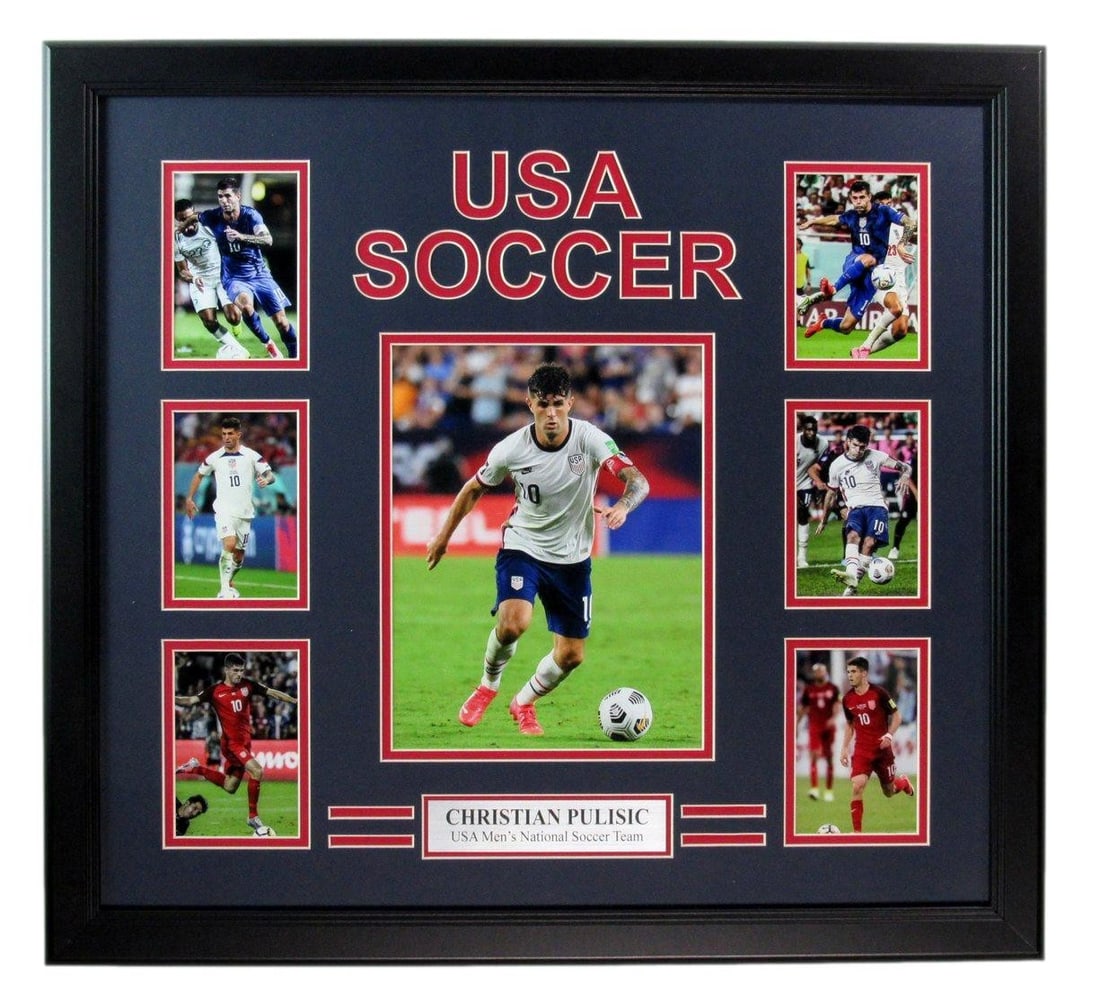 Christian Pulisic Framed Unsigned Photo Collage USA Soccer Team: Christian Pulisic Framed Unsigned Photo Collage USA Soccer Team This striking photo collage features Christian Pulisic, a key player of the USA Men's Soccer Team. It is framed and highlights the iconi
