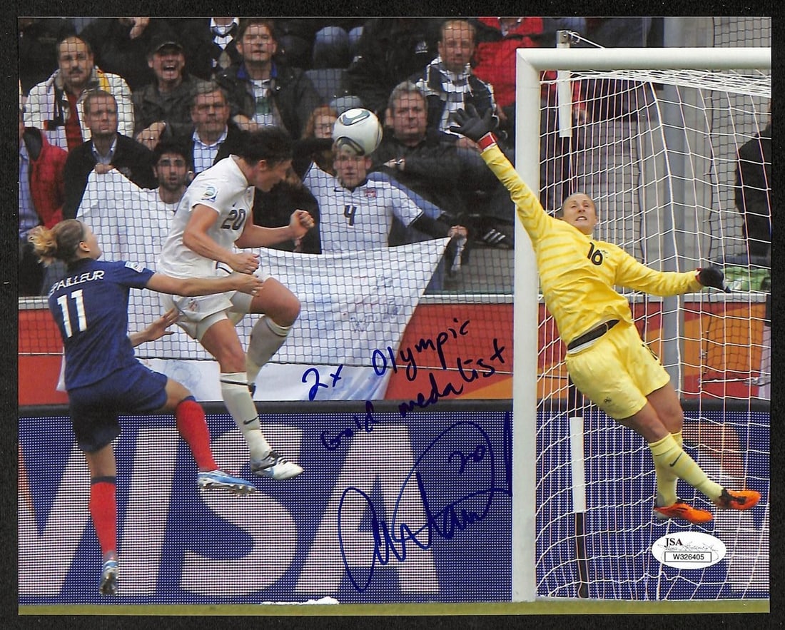 8x10 Abby Wambach Team USA Soccer Autographed Photo JSA Authenticated: 8x10 Abby Wambach Team USA Soccer Autographed Photo JSA Authenticated This 8x10 photo features Abby Wambach, a member of Team USA Women's Soccer, and is signed and inscribed by her. The autograph is a