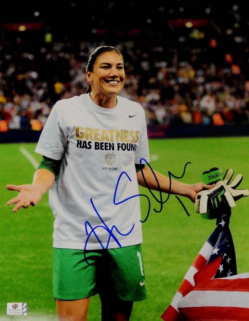 Hope Solo Hand Signed 11x14 Soccer Photo with Global Authentics COA: Hope Solo Hand Signed 11x14 Soccer Photo with Global Authentics COA This is an original 11" x 14" photo signed by Hope Solo, the renowned soccer player. The autograph is authenticated by Global Authen
