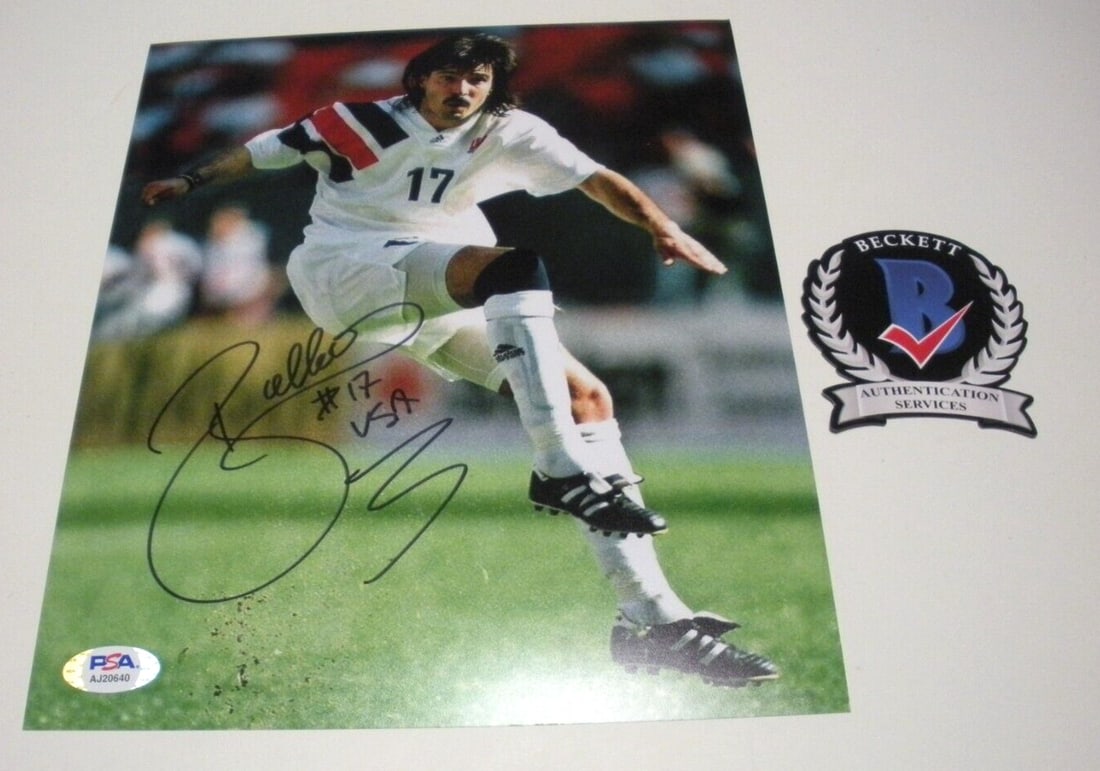 Signed Marcelo Balboa 8x10 Soccer Photo PSA DNA COA: Signed Marcelo Balboa 8x10 Soccer Photo PSA DNA COA This is an original 8x10 color photograph signed by Marcelo Balboa, the renowned USA World Cup soccer star. The photo captures Balboa in action, wea