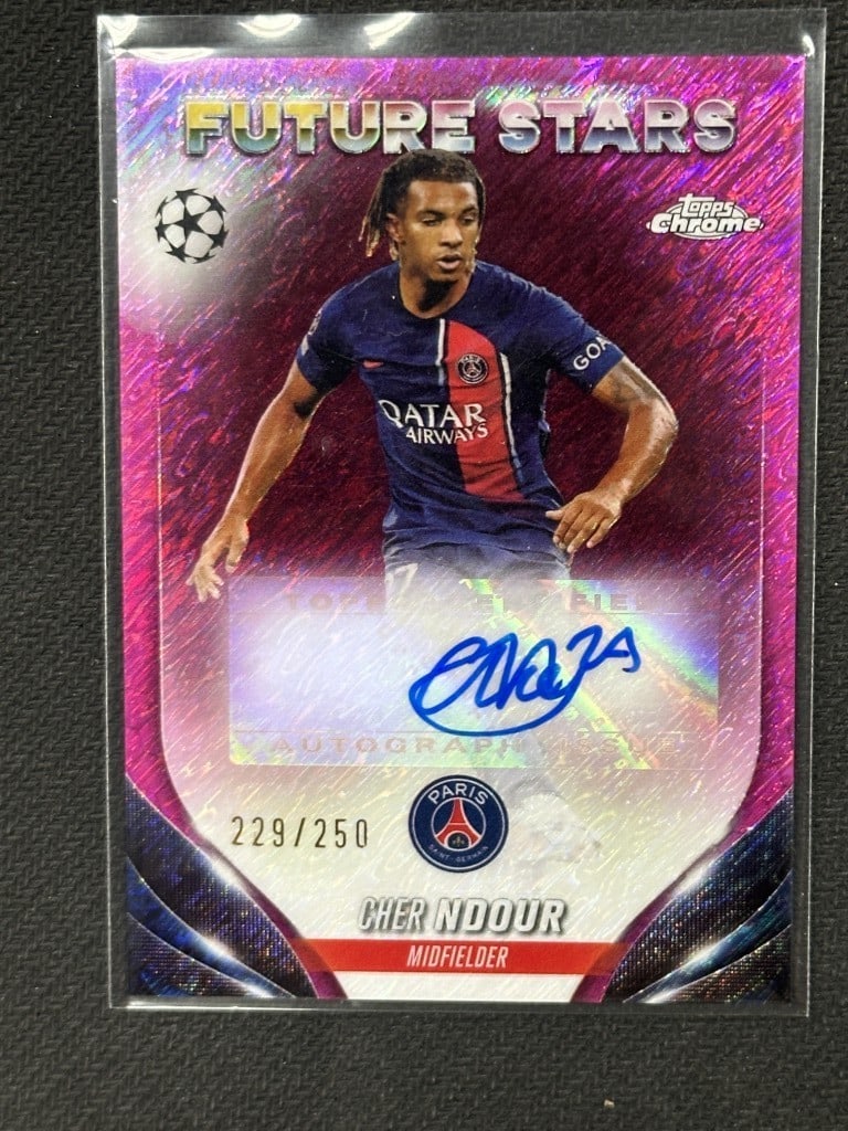 Cher Ndour 2023-24 Topps Chrome Fuchsia Shimmer Auto Soccer Card #FSA-CN 229/250: Cher Ndour 2023-24 Topps Chrome Fuchsia Shimmer Auto Soccer Card #FSA-CN 229/250 This is a Cher Ndour 2023-24 Topps Chrome Fuschia Shimmer Autographed Soccer Card, featuring the talented player from P