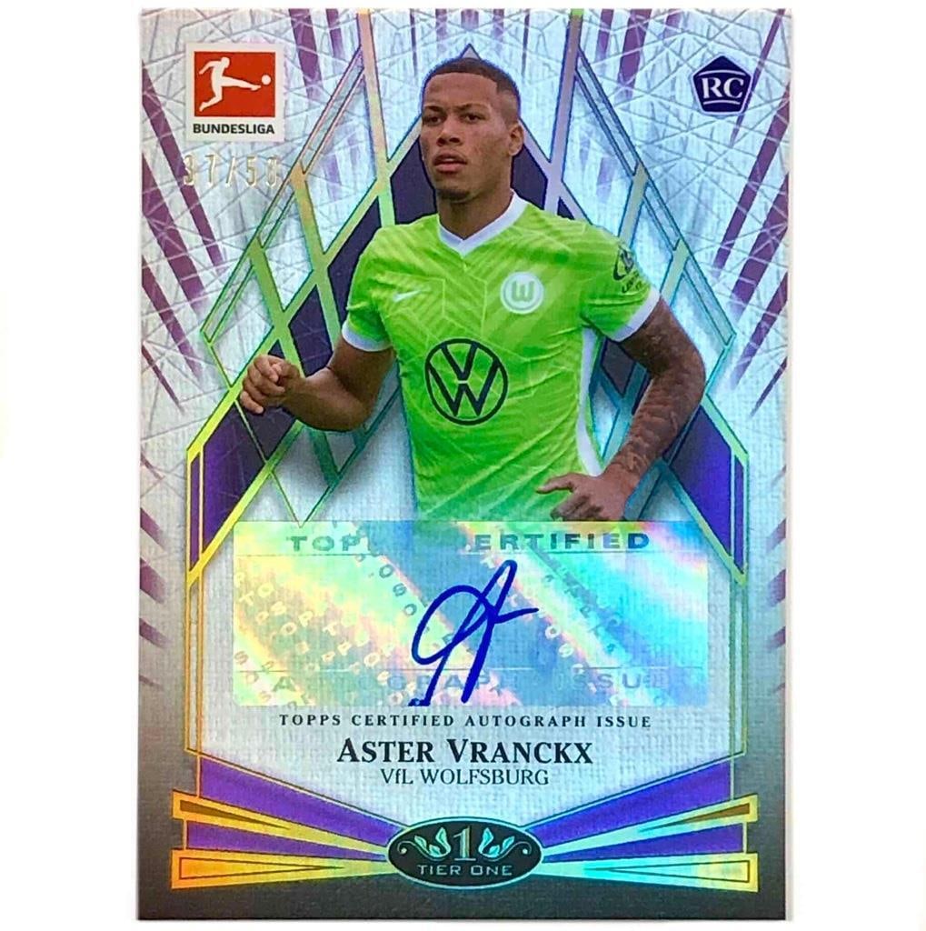 Aster Vranckx Rookie Bundesliga Signed Card Topps Tier One Limited to 50: Aster Vranckx Rookie Bundesliga Signed Card Topps Tier One Limited to 50 This 2021/22 Topps Tier One Bundesliga trading card features Aster Vranckx of VfL Wolfsburg. The card is an original, autograph