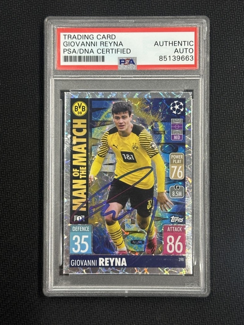 Giovanni Reyna 2021 Topps Match Attax Hand Signed PSA Authentic Soccer Card: Giovanni Reyna 2021 Topps Match Attax Hand Signed PSA Authentic Soccer Card This is a hand-signed soccer card of Giovanni Reyna from the 2021 Topps Match Attax series. Featuring the talented Borussia 