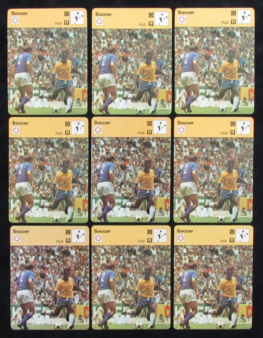 Lot of 9 Signed Vintage Sportscaster Soccer Cards Pele 1977: Lot of 9 Signed Vintage Sportscaster Soccer Cards Pele 1977 This lot features (9) vintage sportscaster cards showcasing the legendary soccer player Pele, dated 1977. Each card is an original collectib